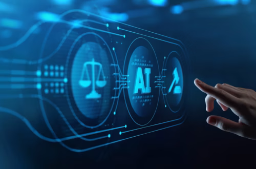 Hand pointing to AI holographic image